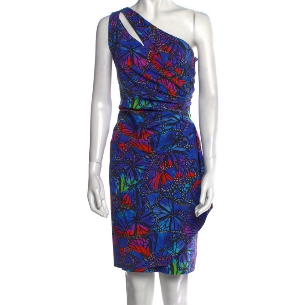 Chiara Boni Asymmetrical Dress in Blue and Red Butterfly Print